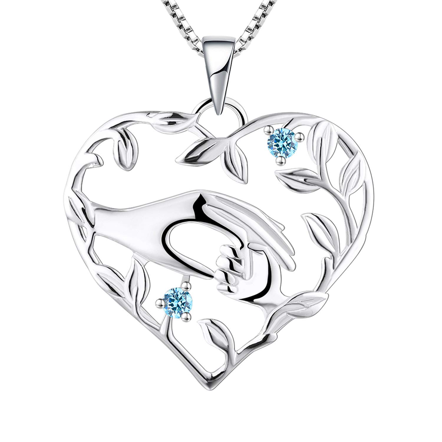 YL Mum Heart Necklace 925 Sterling Silver Mom Hold Child's Hand cut March Birthstone Aquamarine Blue Pendant Gifts for Mum Women — image 1