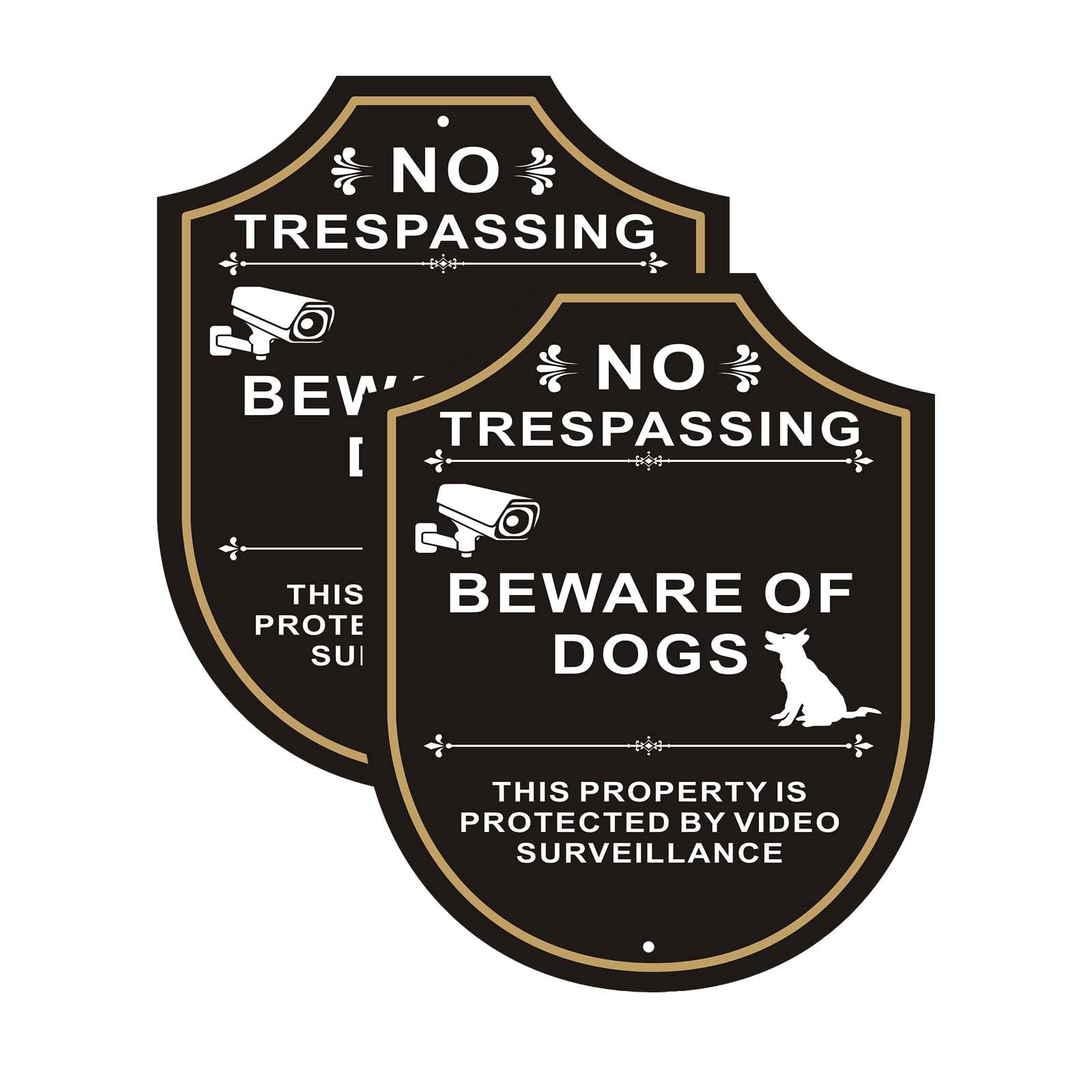 2 Pack Beware of Dog Signs for Fence, 9.6 x 7.7 inches, No Trespassing This Property is Protected by Video Surveillance Sign, Rust-Free/Fade Resistance Aluminum, Easy Mounting, Indoor/Outdoor Use