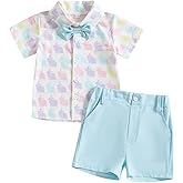 Rtnnsbbfcm Toddler Baby Boy Easter Outfit Short Sleeve Bunny Print Bow Tie Button Down Shirt Top Shorts 2Pcs Set