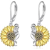 TIGER RIDER Chicken Rooster with Sunflower 925 Sterling Silver Dangle Earrings for Women Funny Animal Flower Jewelry Gifts for Birthday Christmas
