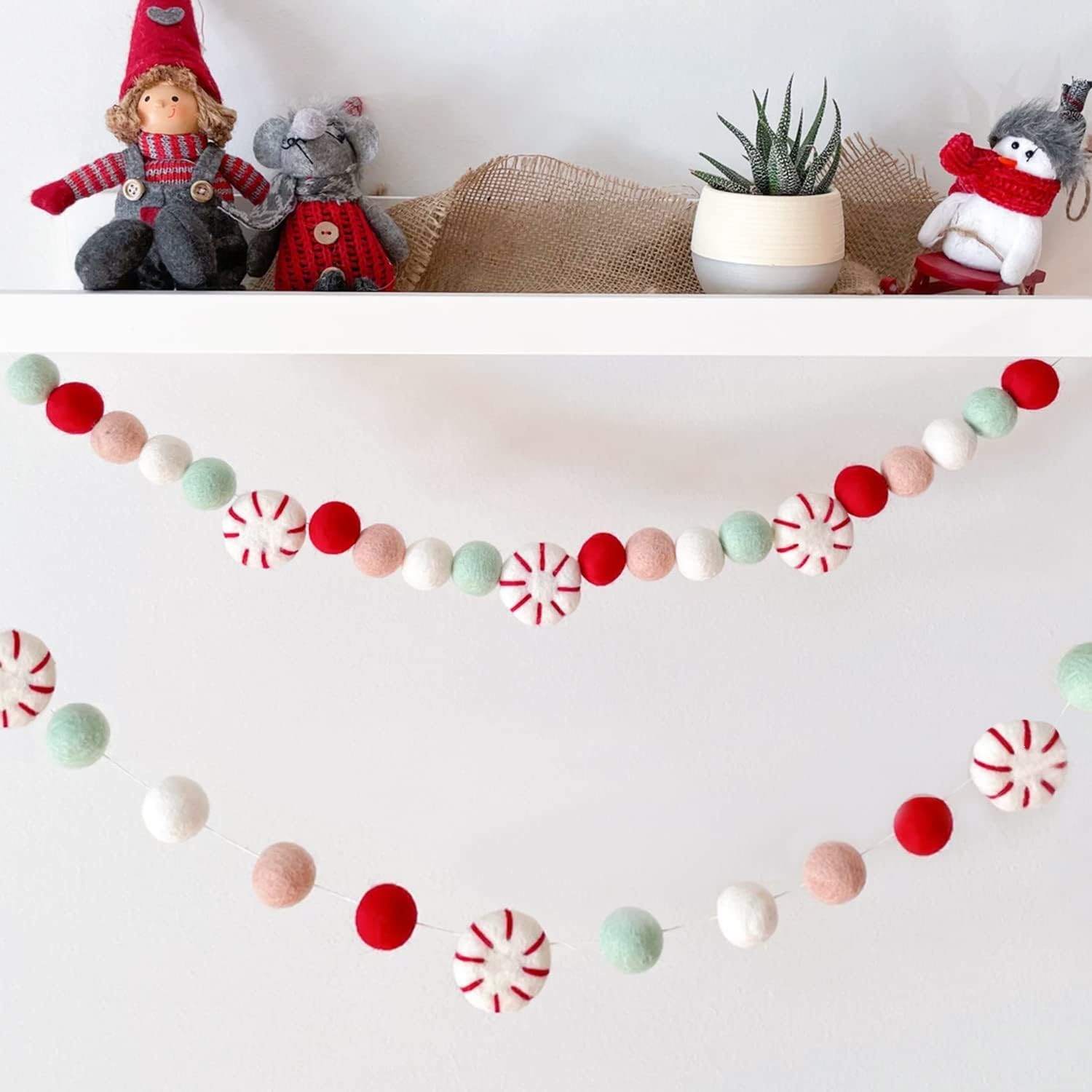 Christmas garland felt,peppermint decor, peppermint garland, winter decor, candy felt balls for Christmas Tree, Mantel, Kids Bedroom, Living Room, Nursery (Candy)