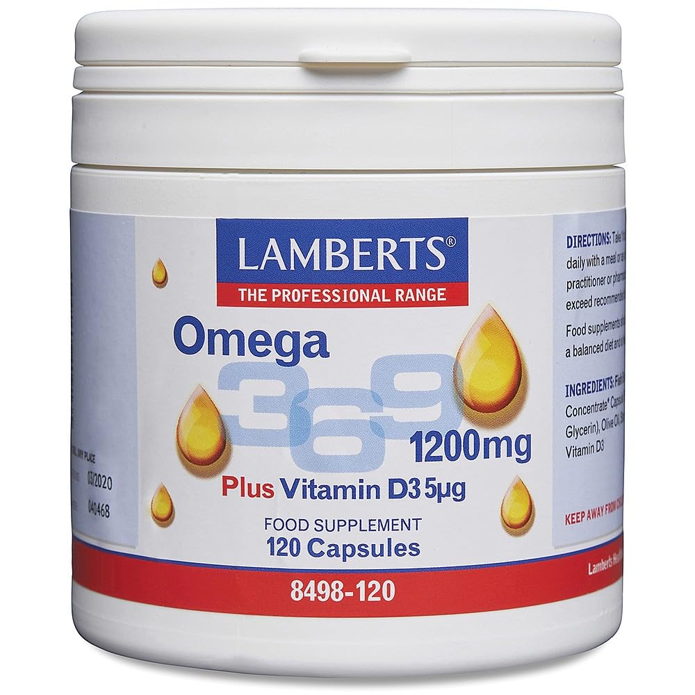 Lamberts Omega 3 6 9 – 1200mg with EPA, DHA, GLA & Oleic Acid – Plus Vitamin D – 120 Capsules