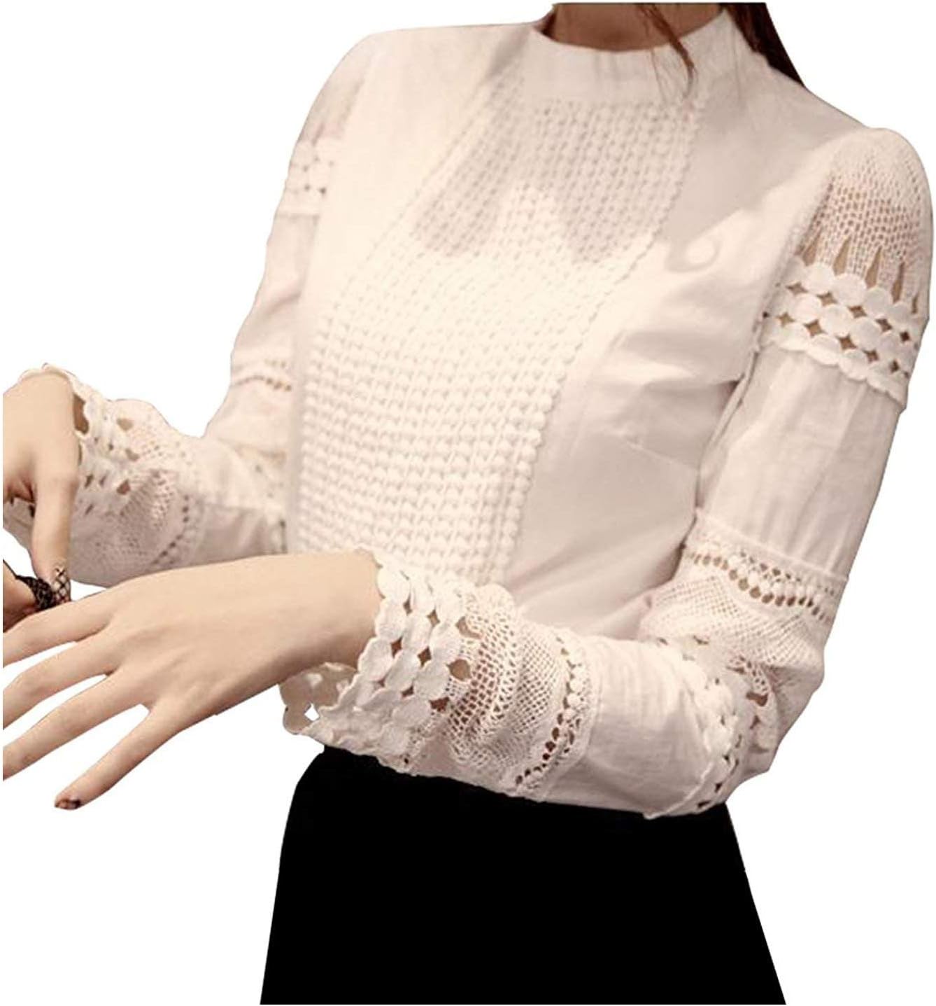 Womens Chiffon Vintage Stand Collar Button Down Shirt Long Sleeve Lace Blouse with Stretch