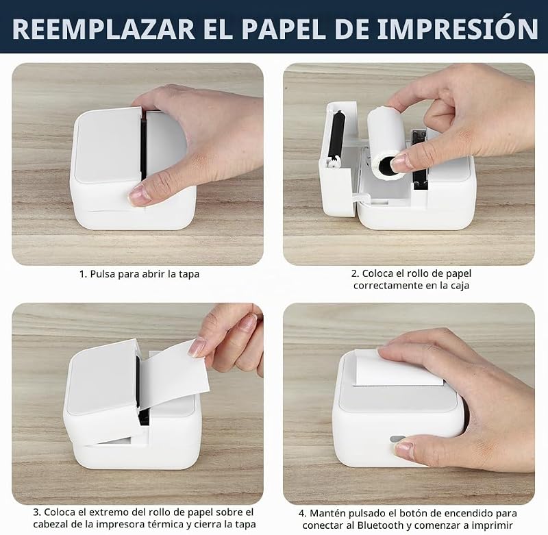 Mini Impresora para Movil, Impresora Fotográfica con 6 Rollos de Papel Térmico, Bluetooth Inalámbrico Portátil Impresora Termica, Impresora de Calcomanías para Teléfono Android iOS (Blanco)