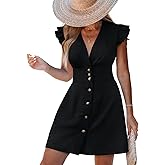 CUPSHE Women's Striped Summer Dresses V Neck Casual Mini Dress Flutter Sleeve Ruffle Button Sundresses