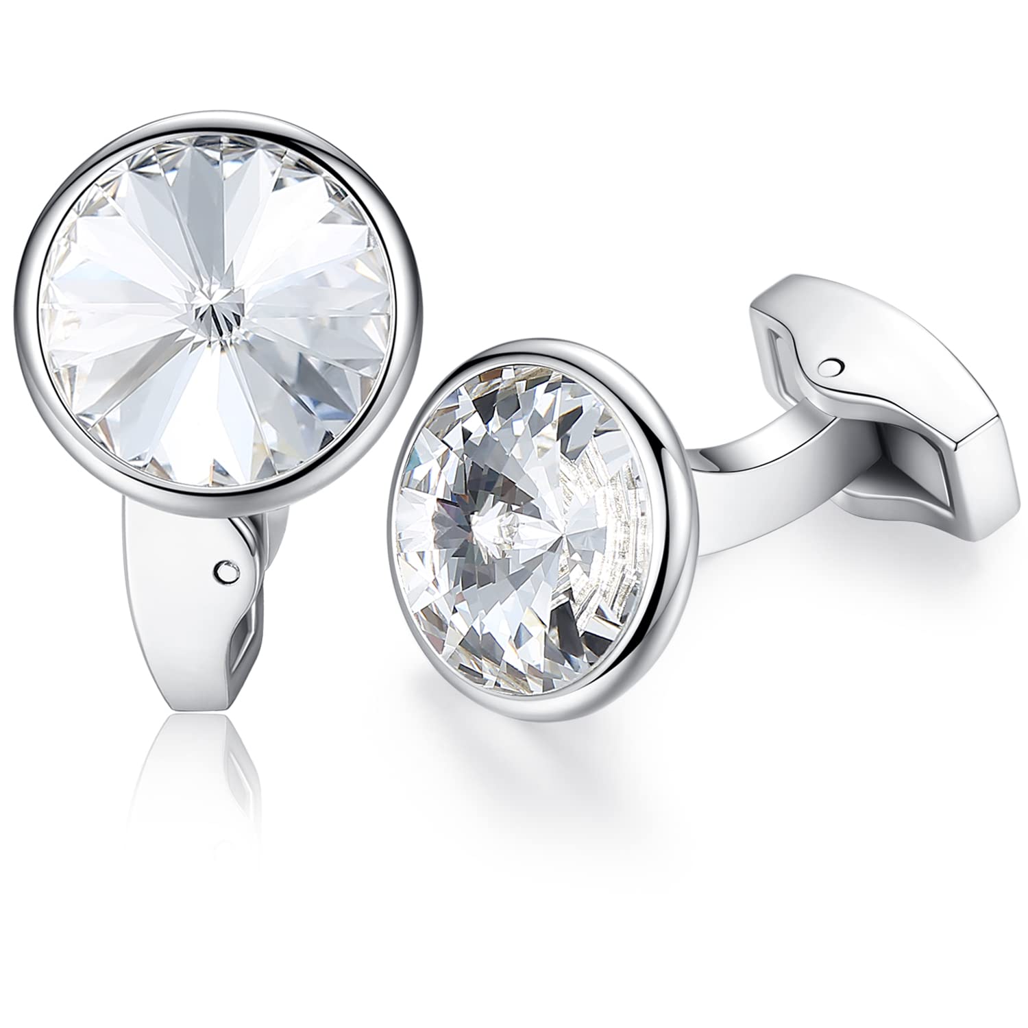 HONEY BEAR Round Crystal Cufflinks for Men's Shirt Wedding Business Gift (White)