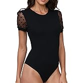 EKAMO Womens Bodysuit Turtle Neck Polka Dot Sheer Mesh Long Sleeve Ribbed Bodysuits Jumpsuit