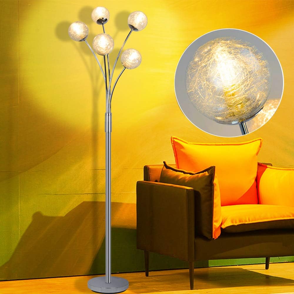 Depuley Globe LED Floor Lamp,Reading Standing Lamp with 5 Head,Tall Pole Tree Accent Lighting with Glass Shade Silver for Living Room,Bedside,Study,Reading(5 * 5W G9 Bulbs not Included)