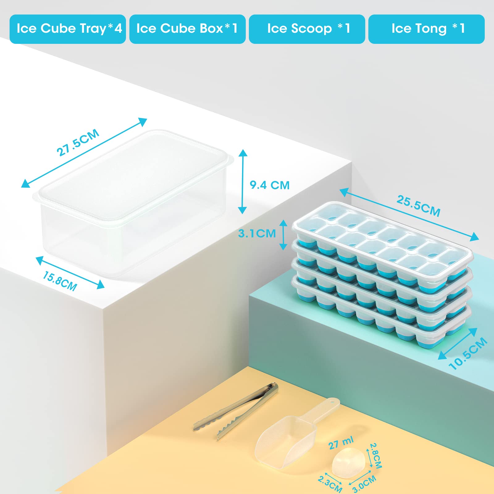DOQAUS Ice Cube Tray with Lid and Bin, 4 Pack Silicone Plastic Iced Cubes Trays for Freezer with Box/Container, Stackable with Storage Ices Bucket, Tong, Scoop, for Baby Food, Cocktail, Coffee