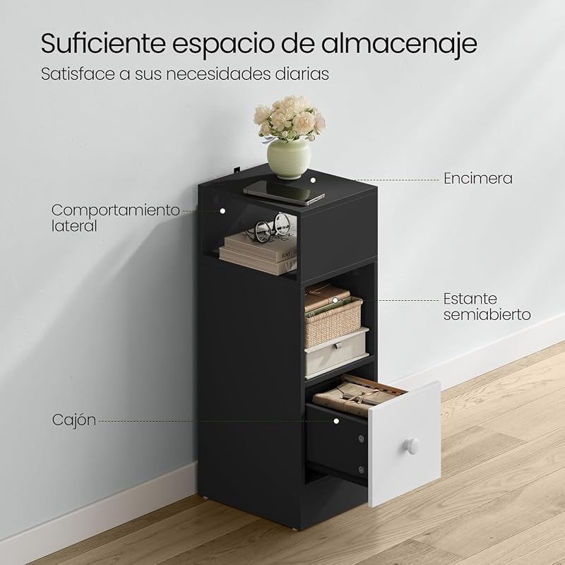 Mesita de Noche Estrecha Gris Oscuro con 2 Compartimentos y 1 Cajón, 25x30x66 cm, Mesilla Auxiliar para Dormitorio Pequeño y Salón Espacios Reducidos, Moderno Madera, 0010CTG