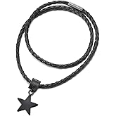 COOLSTEELANDBEYOND Black Star Pendant Necklace for Men Women, Black Leather Necklace Braided