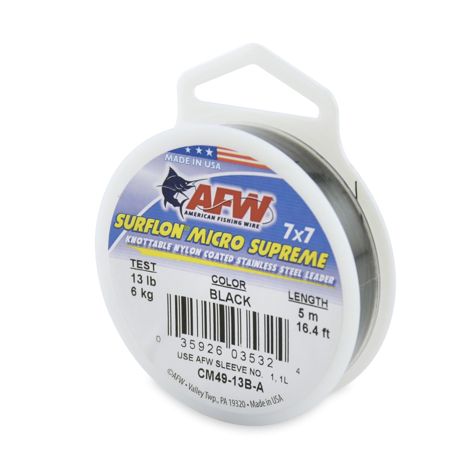 American Fishing Wire Surflon Micro Supreme, Nylon Coated 7x7 Stainless Steel Leader Wire, 13 lb Test, .013" Diameter, Black, 5 m