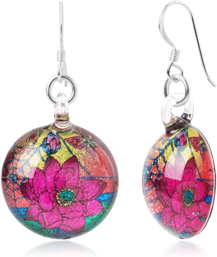 Sterling Silver Hand Blown Glass Colorful Butterflies & Lotus Flower Retro Round Dangle Earrings