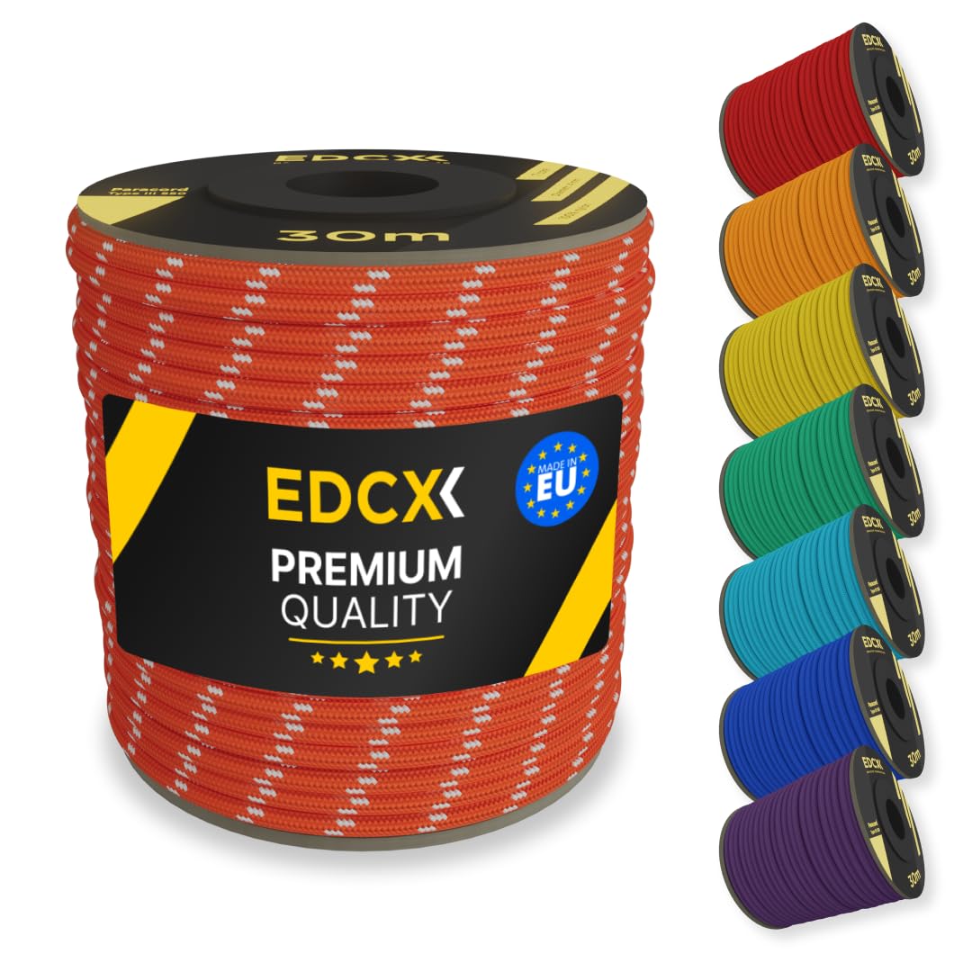 EDCX 4mm Nylon Paracord 550 30m (100 feet) | Ideal for Camping, Survival, Outdoor, Crafting, DIY | 100% Nylon Rope 4mm | Paracord 550 Type III in Solid Color (Reflective Sofit Orange, 30 m)