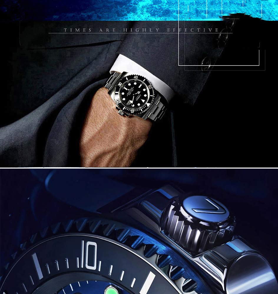 LOREO Mens Full Black Stainless Steel Sapphire Glass Rotating Bezel Military Waterpoof Mens Automatic Watch