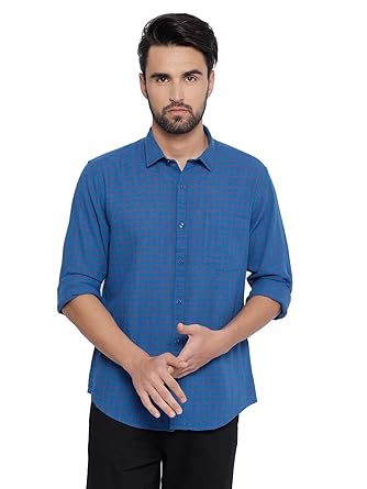 Buy Linen Club Men S Linen Checkered Casual Shirt Navy Blue 44