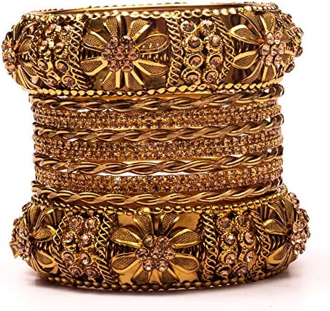 Swara's Traditional Fancy Designer Wedding & Party wear Antique Hand Work Golden Bangle/Churi/Kada/Latkan Set, Indian Latest Style for Women and Girls(098)