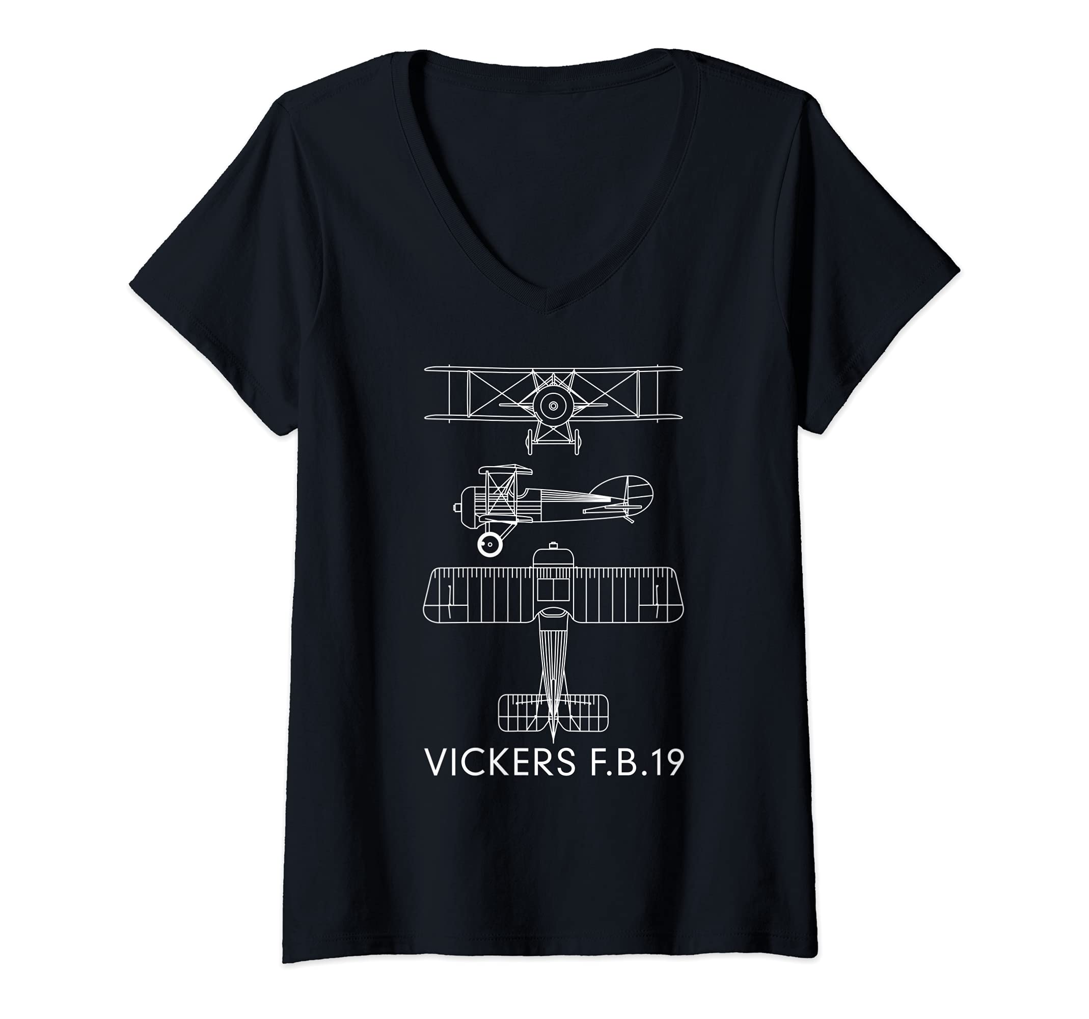 Womens Vickers F.B.19 Fighting Scout Biplane WWI Plane Blueprint V-Neck T-Shirt
