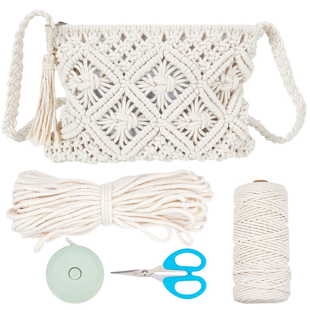 WEBEEDY Macrame Shoulder Bag DIY Kit Bohemian Crossbody Bag Beige Macrame Purse Set for Adults Beginners, Includes 3mm Macrame Cord, Instruction, Crochet Bags for Women Holiday Beach Decor, 20x26cm