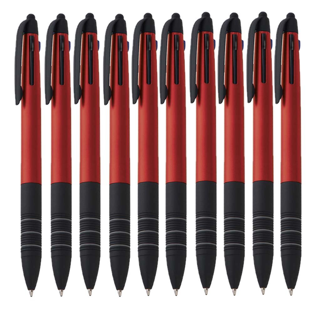 Notrash2003® Triple Ballpoint Pen 3 Colours Blue Red and Black and Touch Pen Stylus Pen 4in1 Writing Device (Red) Pack of 10