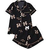 WDIRARA Women's Bow Letter Graphic Pajama Sets Short Sleeve Button Down Shorts Pjs 2 Piece Sleepwear