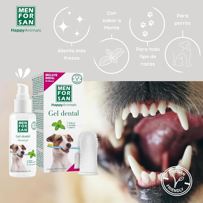 Gel dentário para cães | Gel Natural de Pasta de Dentes | Fresh Breath | Controla a Placa Dentária | Sabor a Hortelã | Inclui presente de dedal | 60 ml