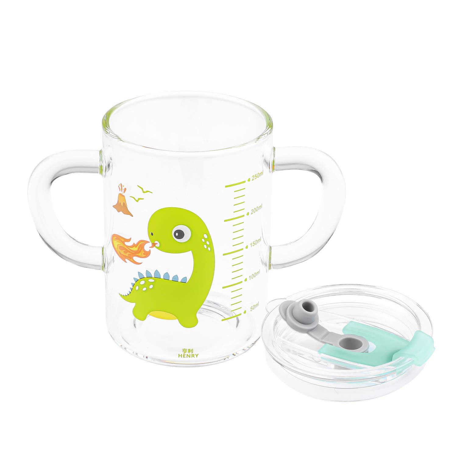 Qchomee Kids Glass Milk Measure Cup 300ml with Silicone Straw and Lid Heat-Resistant Leakproof Water Bottle Travel Mug Tumbler with Double Handle for Kids Age 3+ (Green Dinosaur)