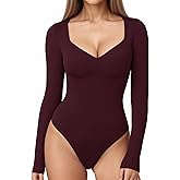 MANGOPOP Sweetheart V Neck Bodysuits for Women Long Short Sleeve Body Suits Tops Shirt