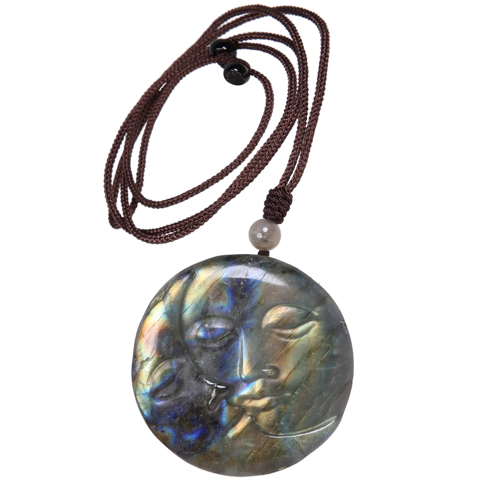 Nupuyai Sun & Moon Face Labradorite Crystal Stone Necklace for Women Men, Natural Carved Stone Pendant with Adjustable Rope