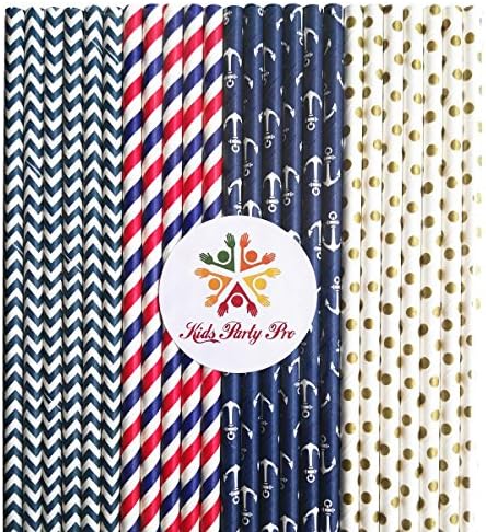 100 pcs Mixed Nautical Party Paper Straws, Navy Red Striped Navy Chevron Gold Swiss Dot Beverage Paper Drinking Straws Bulk, Patriotic 4th of July Wedding Birthday Party Cake Pop Sticks