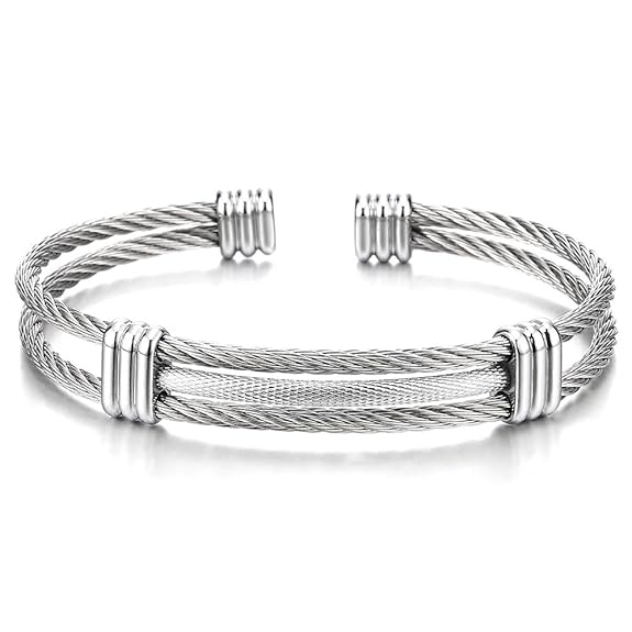 COOLSTEELANDBEYOND Edelstahl Elastische Herren Damen Armband Verstellbare Stahlkabel Armreif Farbe Silber