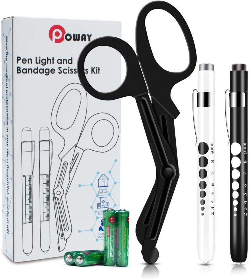 Opoway Bandage Scissors Penlight with Pupil Gauge - Black Medical Scissors for Nurses, EMS, Paramedics, Doctors etc.