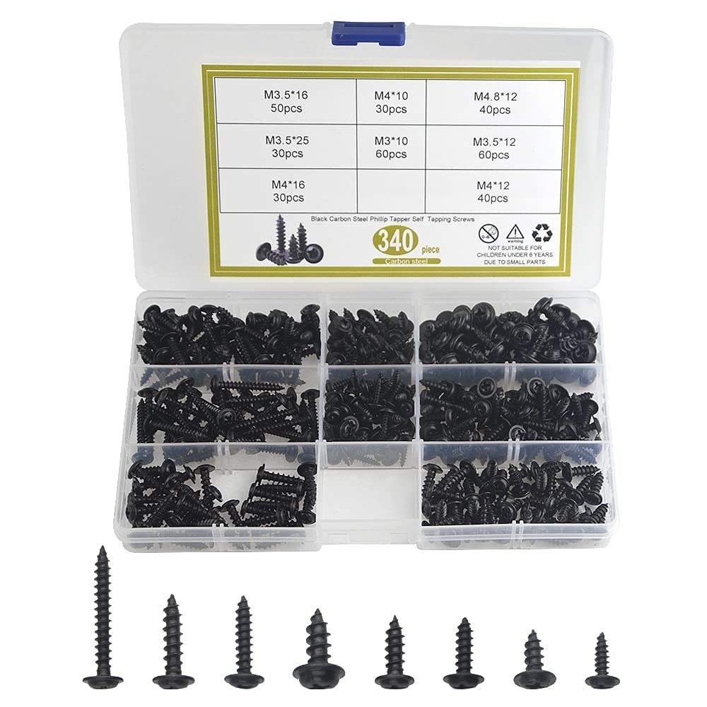 BGTXINGI 340Pcs 8 Kinds M3 M3.5 M4 M4.8 Black Self Tapping Screw Black Finish Stainless Cross Recessed Truss Head Screw Assortment Kit Collected in A Convenient Case