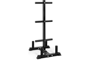 CAP Barbell Olympic Bumper Plate Tree Rack with 6 Weight Plate Posts and 4 Barbell Storage Holders – Heavy-Duty Steel Gym Organizer for Olympic Plates and Bars | Black, Blue or Red options