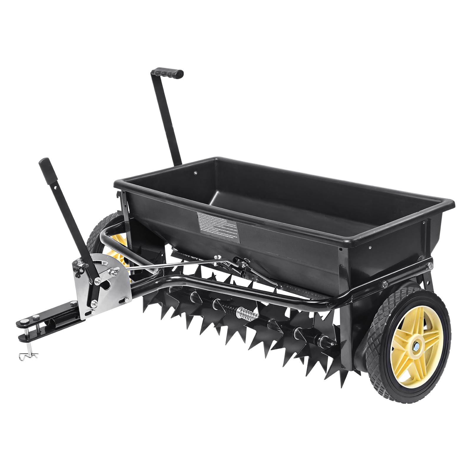 Photo 1 of VEVOR Broadcast Spreader, 100 LB Tow Behind Poly Drop Spreader with 10" Wheels, Steel Spike Aerator, Fertilizer Spreader, Garden Seeder, and Salt Spreader, for Residential, Farm, Tough Terrain, Black