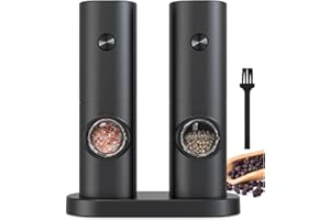 COKUNST Electric Pepper and Salt Grinder Set, Battery Powered Adjustable 5 Levels of Coarseness Black Pepper Grinder Mill with Stand, Automatic Grinding with LED Light for BBQ Resturant Kitchen-2 Pack