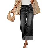 Jyutia Women's High Waisted Wide Leg Jeans Stretch Frayed Raw Hem Straight Leg Boyfriend Cuffed Jeans Trendy