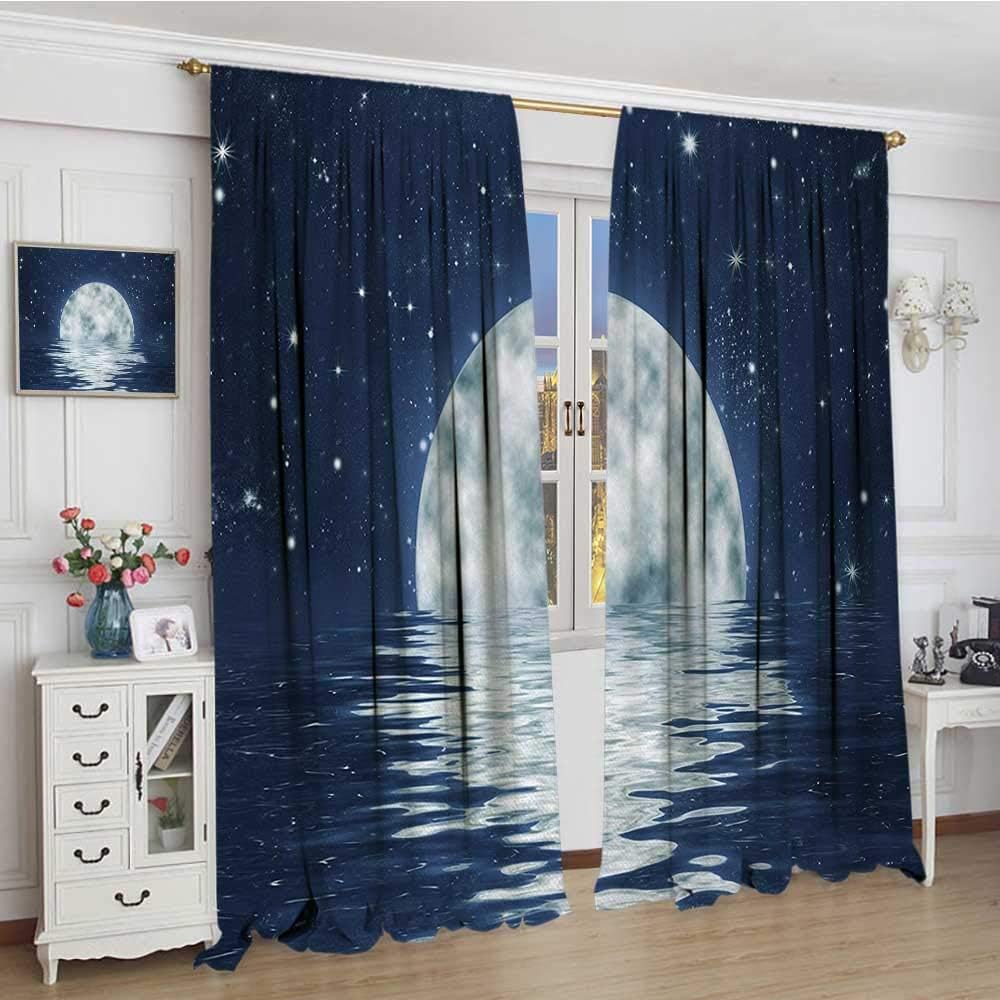 smallbeefly Moon Blackout Window Curtain Moon Setting over the Sea with Waves Night Sky with