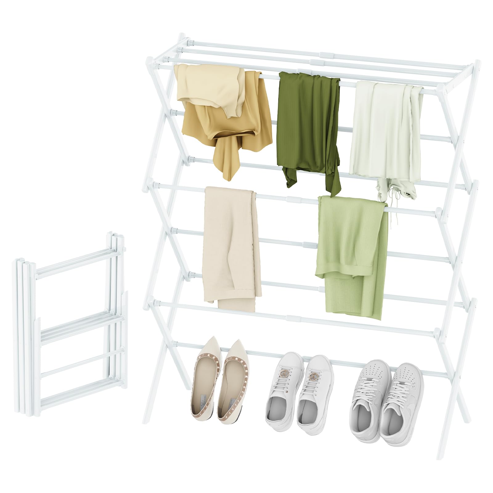 Photo 1 of STARLATTA Foldable Drying Rack Clothing, 3-Tier Portable Clothes Drying Racks for Indoor & Outdoor, Anti-Rust Compact Laundry Rack Collapsible, White 28" D x 10" W x 35" H