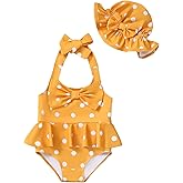 Kucnuzki Baby Girl Swimsuit Newborn One Piece Bathing Suit Bow Tie Bikini Tankini Infant Swimwear with Hat