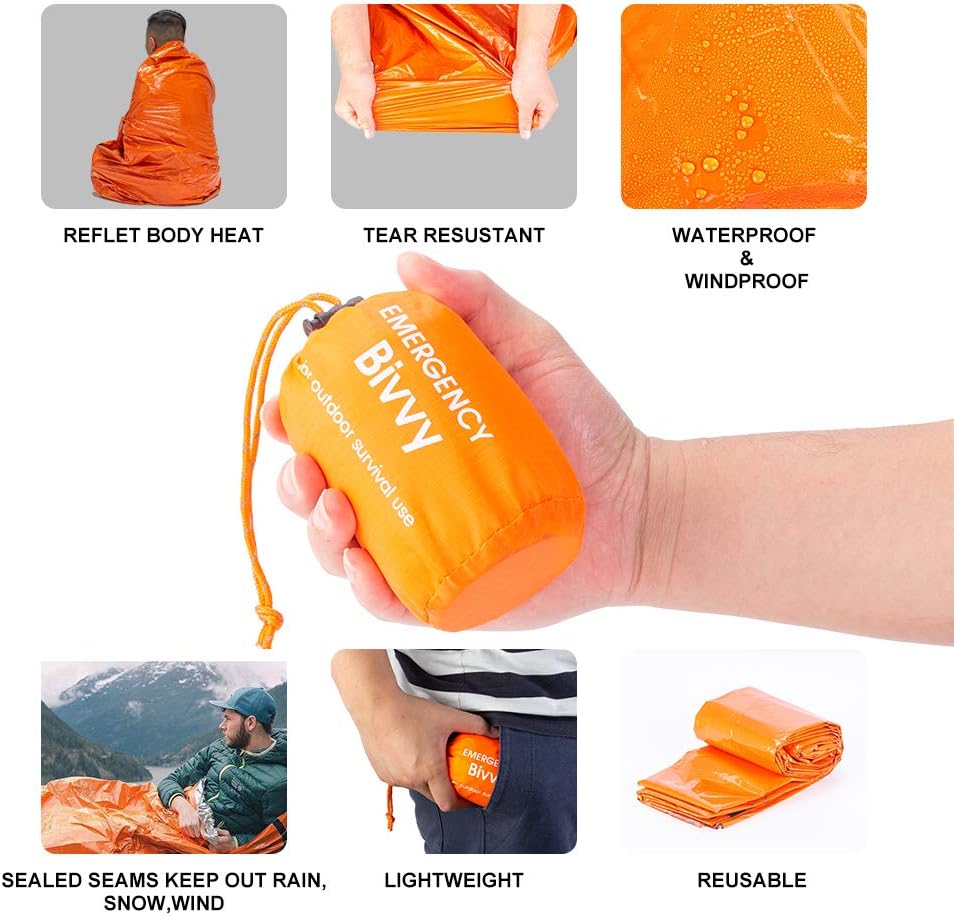 BesWlz Emergency Sleeping Bags, Survival Bivvy Sack Lightweight Waterproof, Portable Nylon Sack Gear for Outdoor Camping Hiking & Emergency Shelter (2Pack)+ Emergency Survival Blanket : Sports & Outdoors