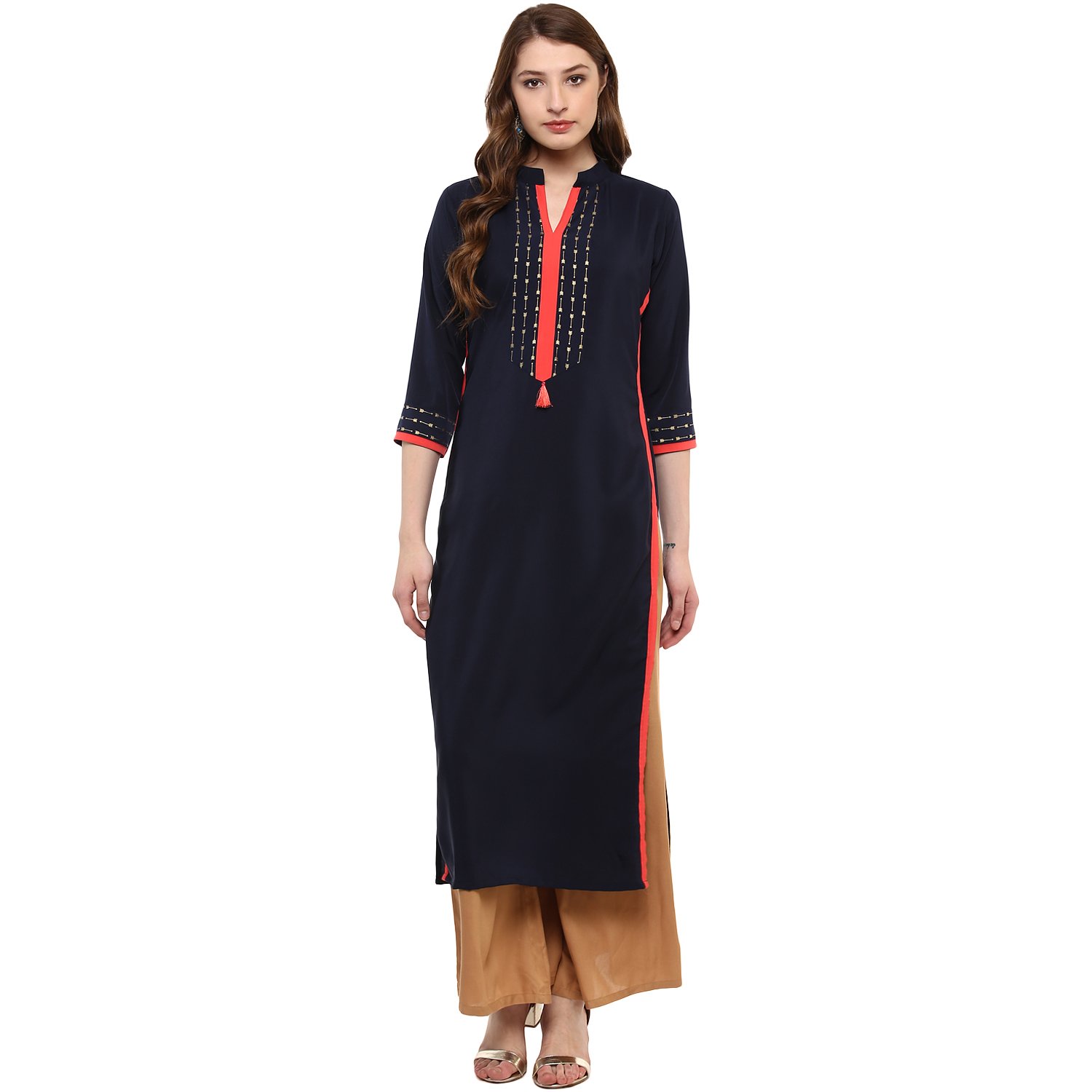 ziyaa women's blue colour 3/4th sleeve crepe straight kurta