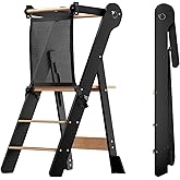 COSYLAND Foldable Toddler Kitchen Stool Helper - Height Adjustable Standing Tower for Bathroom Sink or Kitchen Counter - Step Stool for Toddlers Ages 18 Months to 6 Years Black & Natural