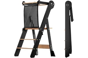 COSYLAND Foldable Toddler Kitchen Stool Helper - Height Adjustable Standing Tower for Bathroom Sink or Kitchen Counter - Step Stool for Toddlers Ages 18 Months to 6 Years Black & Natural