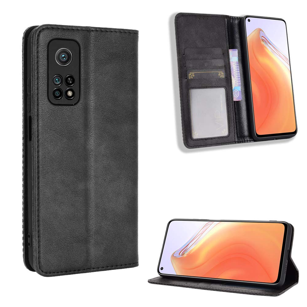Wallet Case for Xiaomi Mi 10T 5G/Xiaomi Mi 10T Pro 5G Case, Retro Style Wallet Magnetic Cover with Credit Card Slots and Flip Stand, Leather Phone Case Compatible with Xiaomi Mi 10T 5G, Black