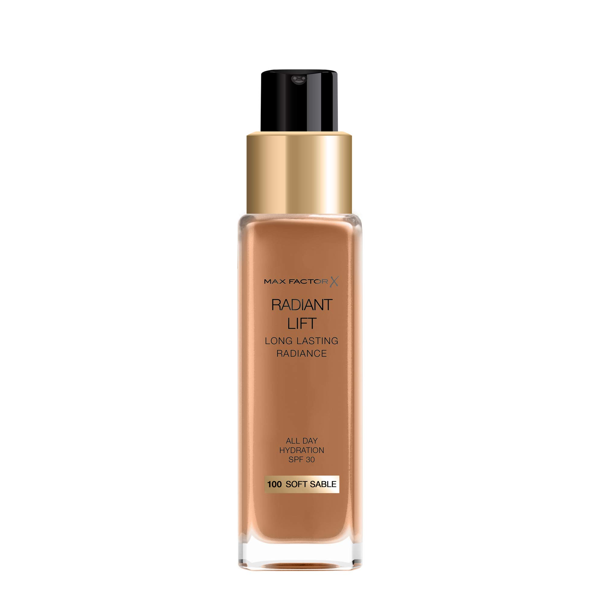 Max Factor Radiant Lift Liquid Pump Medium to Full Coverage Radiant Finish Foundation with SPF30 and Hyaluronic Acid, 100 Soft Sable, Dark Skin Tone, 30ml