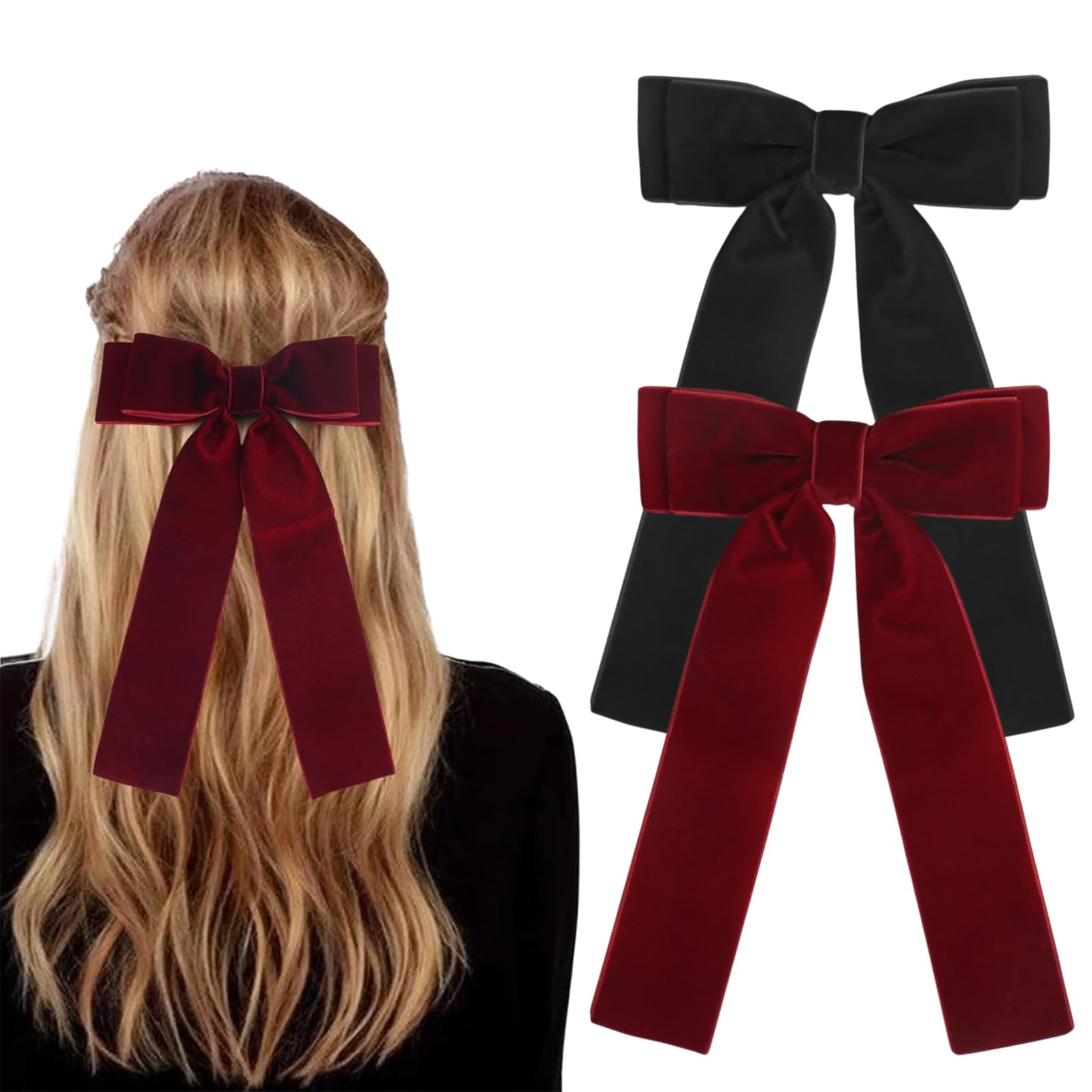 DMQ Hair Bows - 2Pcs Black Red Velvet Bow Hair Clips for Women, Solid Color Bowknot Hair Clips Barrettes with Long Ribbon, French Bow Hairpins Soft Satin Silky Hair Fastners Gifts for Women Girls