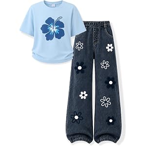 LKALPSQ Tween Girl Clothes 2 Piece Outfit Short Sleeve + Flowery Design Jeans Pants Spring Outfits
