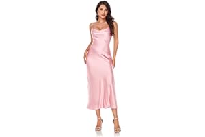 SITELUOYG Women's Spaghetti Strap Midi Satin Silk Dresses Slip Cowl Neck Party Cocktail Evening Sexy Dress