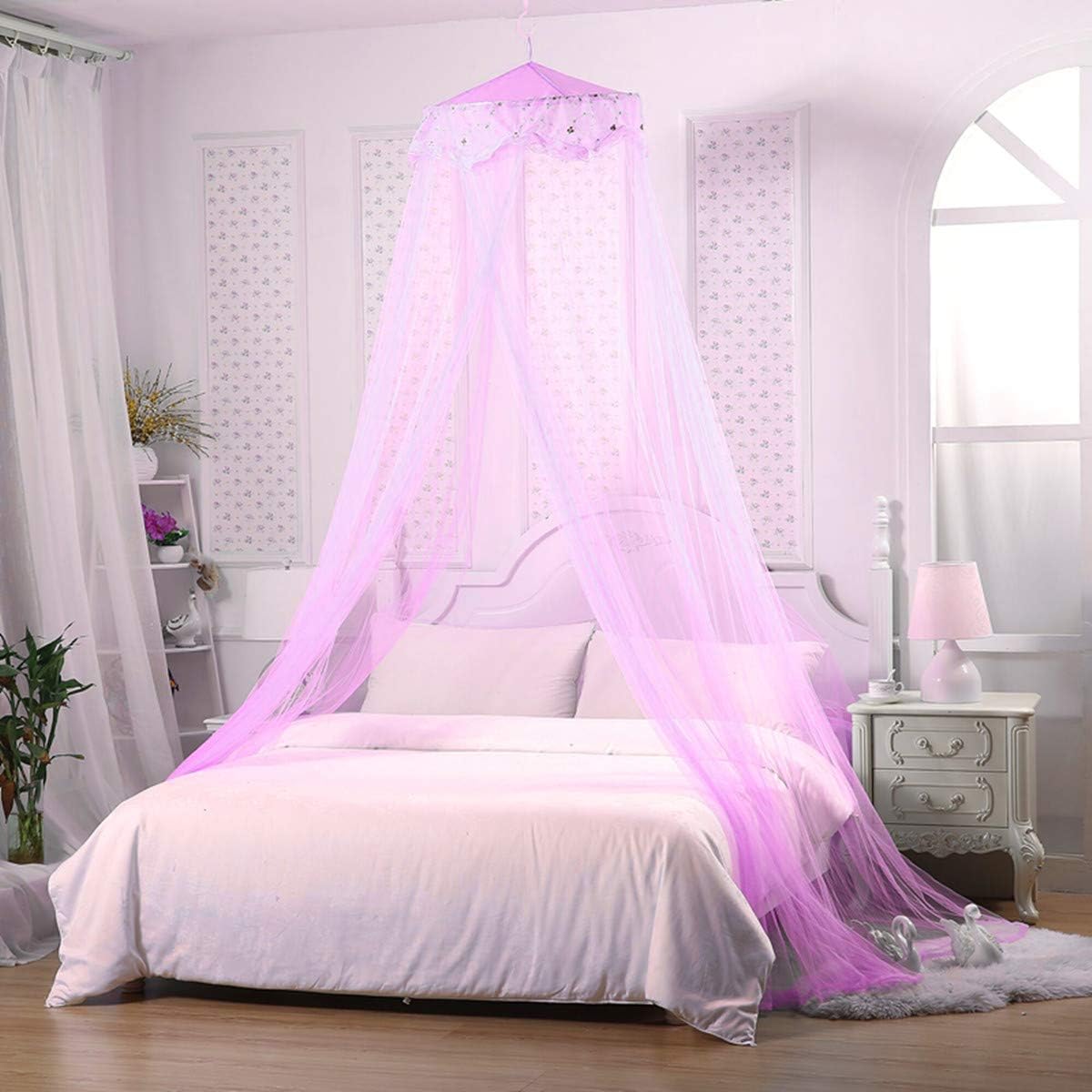Jeteven Girl Bed Canopy Lace Mosquito Net for Girls Bed, Princess Play Tent Reading Nook Round Lace Dome Curtains Baby Kids Games House (Purple): Home & Kitchen